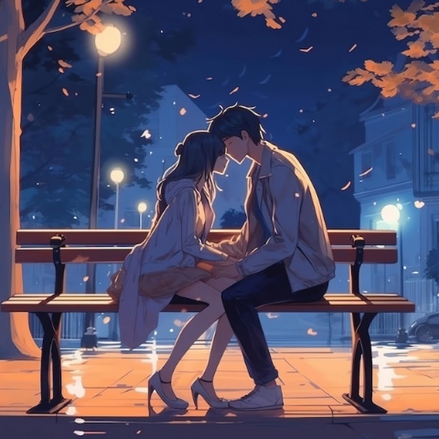 A lovely anime couple that kiss on a bench, Cartoon 
