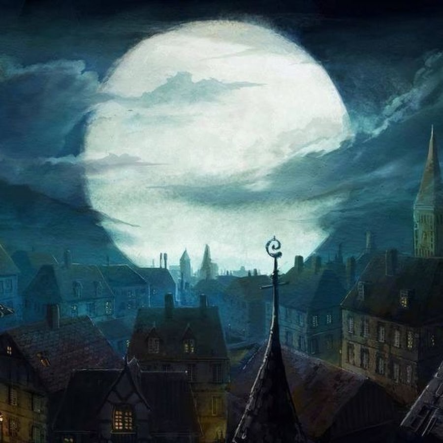 Мун город. Замок и Луна. Красивый средневековый город арт. Луна на фоне города. Мистика.