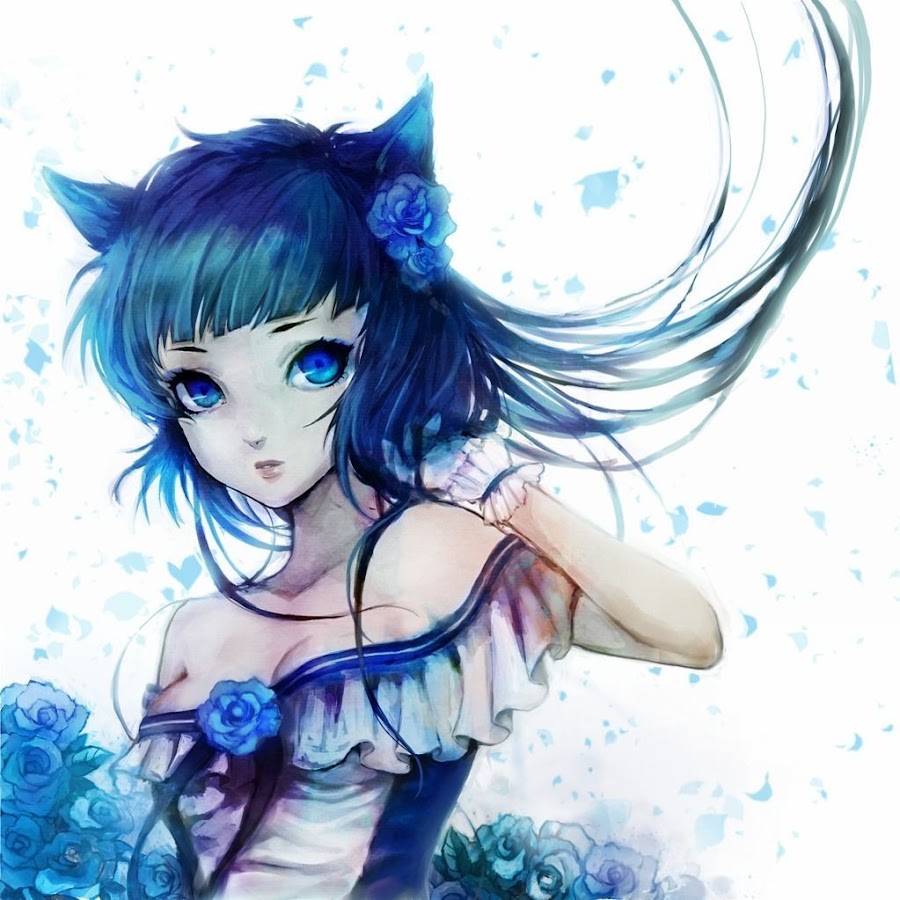 Аниме девушка кошка с синими волосами