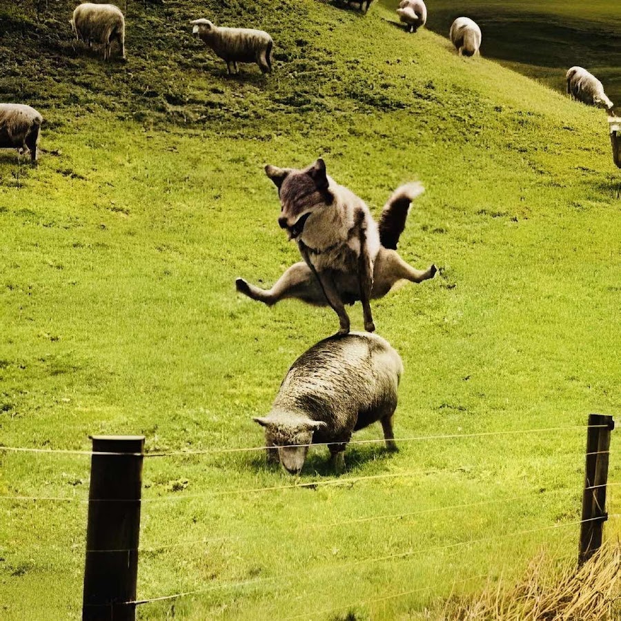 Волк прыгает через овцу