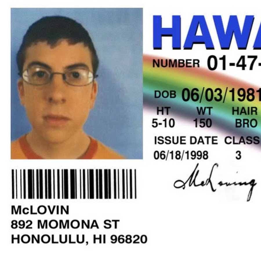 This id. MCLOVIN ID. Driver License 01-47-87441. Hawaii ID Card. MCLOVIN ID Barcode.