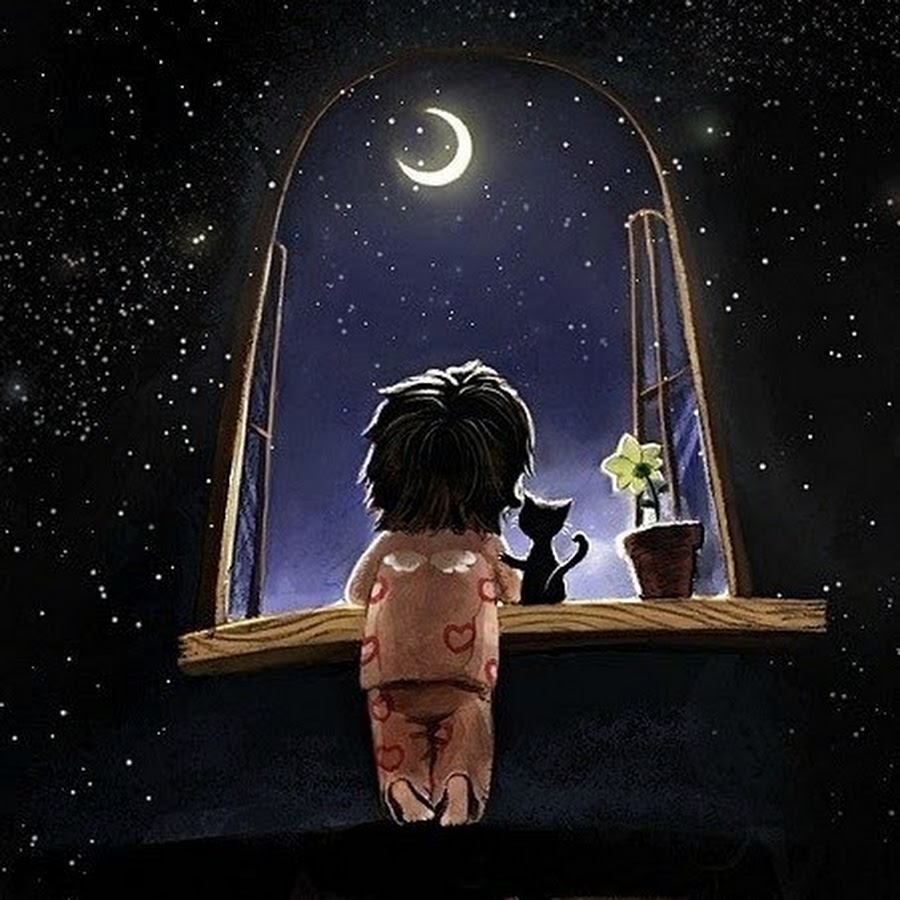 Мальчик смотрит в окно на звезды