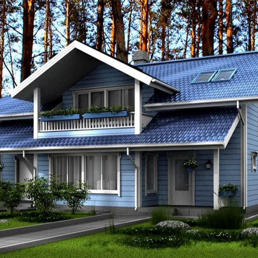 Деревянный дом с голубой крышей