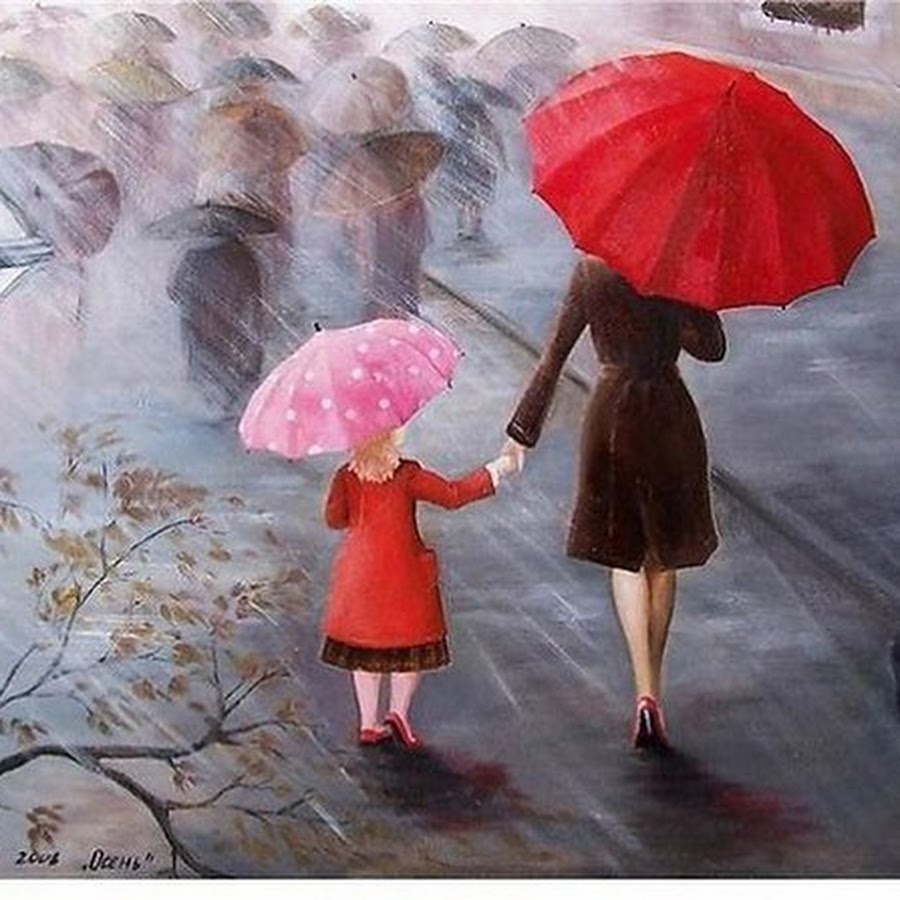 Мама с дочкой под зонтом