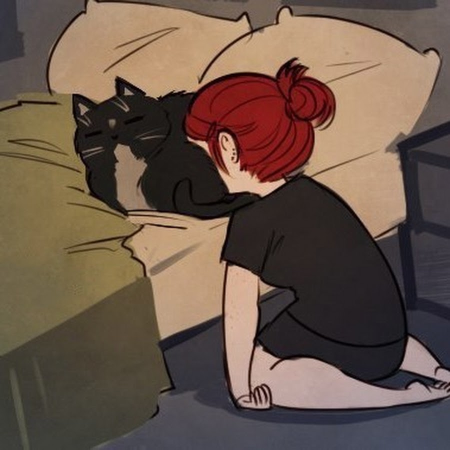 Рыжая девочка с черным котом